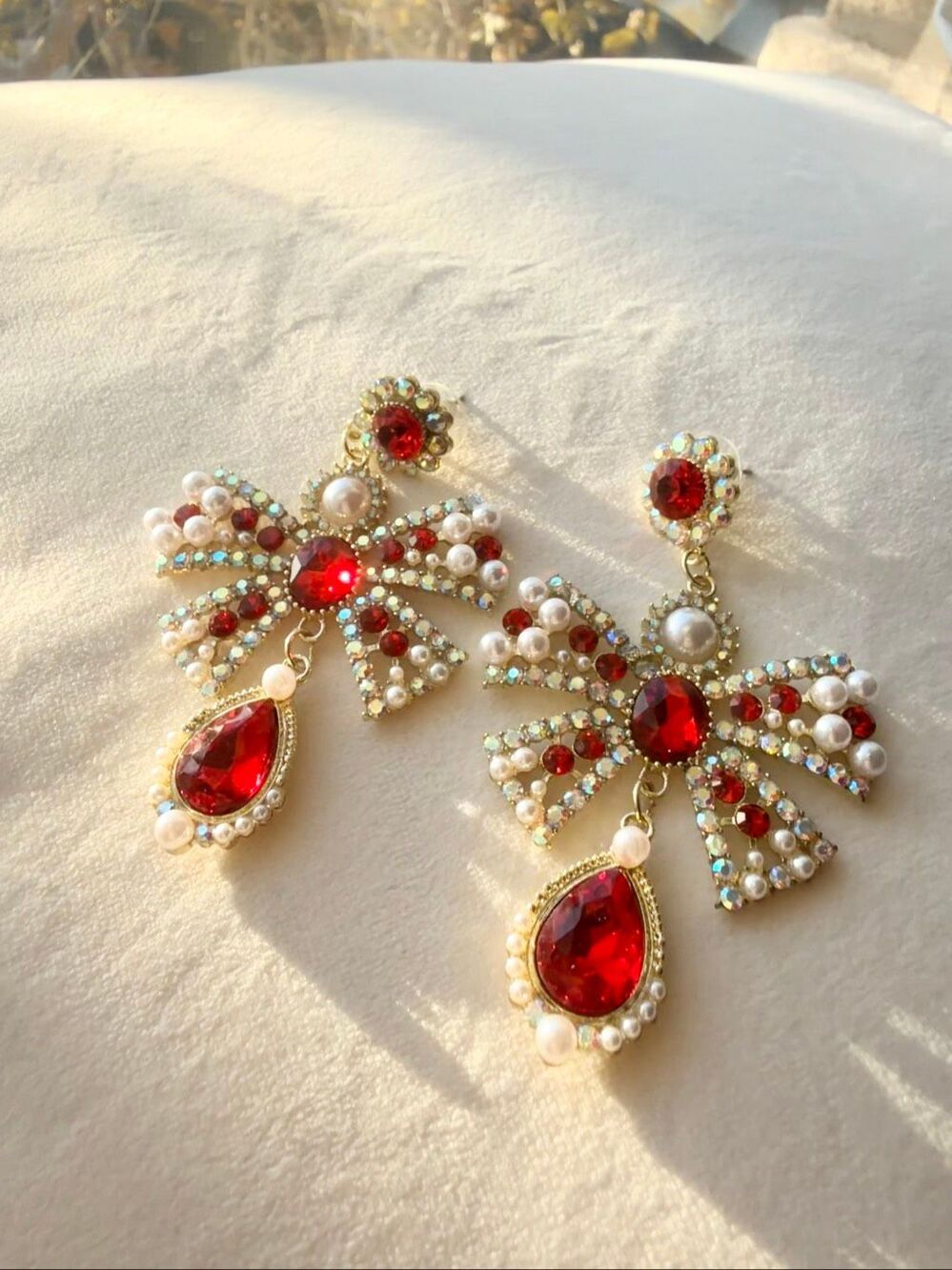 Red Crystal Pearl Bow Statement Drop Earrings Holiday Glam